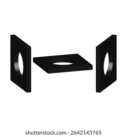 Black 3D form. Isometric block symbol. Geometric shape vector. Circular cut element.