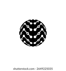 Um ícone de globo 3D preto apresentando um padrão de link de circuito sem costura, assemelhando-se a caminhos digitais ou conexões blockchain. Este design abstrato e futurista simboliza conectividade global, tecnologia inteligente