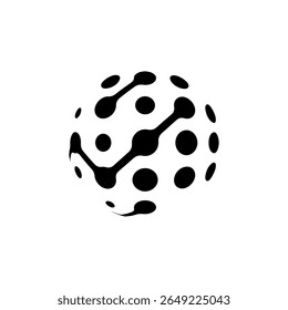 A black 3D globe icon featuring a seamless circuit-link pattern, resembling digital pathways or blockchain connections. This abstract, futuristic design symbolizes global connectivity, smart technolog