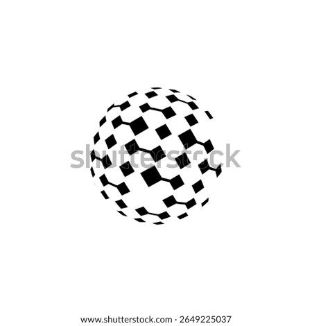 A black 3D globe icon featuring a seamless circuit-link pattern, resembling digital pathways or blockchain connections. This abstract, futuristic design symbolizes global connectivity, smart technolog