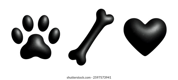 Black 3d glossy icons set, paw print, bone, heart, isolated on white background.
