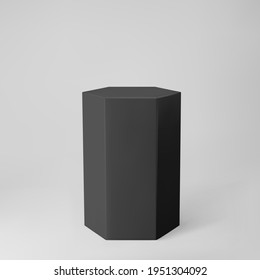 Podio hexágono negro 3d con perspectiva aislada en fondo gris. Modelación del podio del producto en forma de hexágono, pilar, etapa del museo vacío o pedestal. 3.ª ilustración vectorial de forma geométrica básica