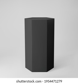 Black 3d hexagon podium with perspective isolated on grey background. Product podium mockup in hexagon shape, pillar, empty museum stage or pedestal. 3d basic geometric shape vector illustration