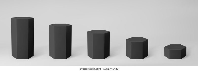 Black 3d hexagon podium set with perspective isolated on grey background. Product podium mockup in hexagon shape, pillar, empty museum stages or pedestal. 3d basic geometric shape vector illustration