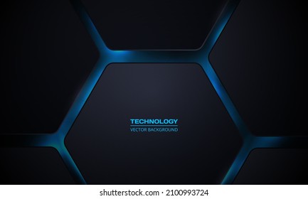 Black 3d hexagonal technology vector abstract background. Blue bright energy flashes under hexagon in modern technology futuristic background vector illustration. Black 3d honeycomb texture grid.