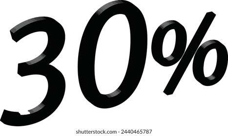 Black 3D image, 30% numbers, plastic shape. Used for design work, discounts - PNG file. Transparent background.