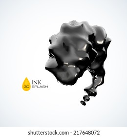 Black 3D ink or oil splash isolated on white, vector background