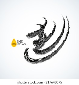 Black 3D ink or oil splash isolated on white, vector background