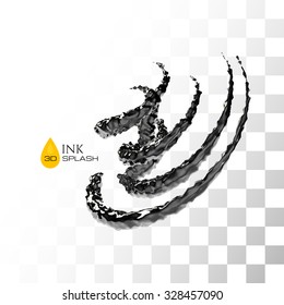 Black 3D ink or oil splash isolated on white, vector background
