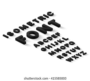 Black 3d isometric font alphabet with drop shadow on white background. Vector illustration