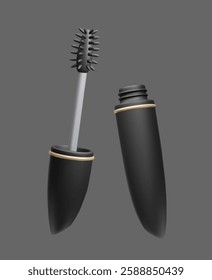 Black 3D mascara beauty makeup product cartoon style vector illustration isolated on dark background. Decorative cosmetic mascara tube with eyelash brush applicator. Luxury black make-up.