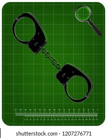 Black 3d model of handcuffs on a green background. Drawing