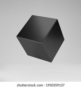 Black 3d modeling cube with perspective isolated on grey background. Render a rotating 3d box in perspective with lighting and shadow. 3d basic geometric shape vector illustration