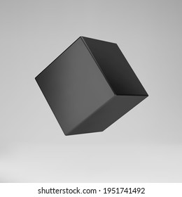 cube de modélisation noir 3d avec perspective isolé sur fond gris. Rendre une boîte 3d tournante en perspective avec éclairage et ombre. Illustration vectorielle de forme géométrique de base 3d
