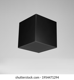 Black 3d modeling cube and perspective isolated grey background  Render rotating 3d box in perspective and lighting   shadow  3d basic geometric shape vector illustration