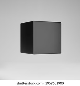 Black 3d modeling cube with perspective isolated on grey background. Render a rotating 3d box in perspective with lighting and shadow. 3d basic geometric shape vector illustration