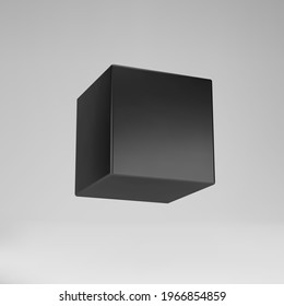 Black 3d modeling cube with perspective isolated on grey background. Render a rotating 3d box in perspective with lighting and shadow. 3d basic geometric shape vector illustration