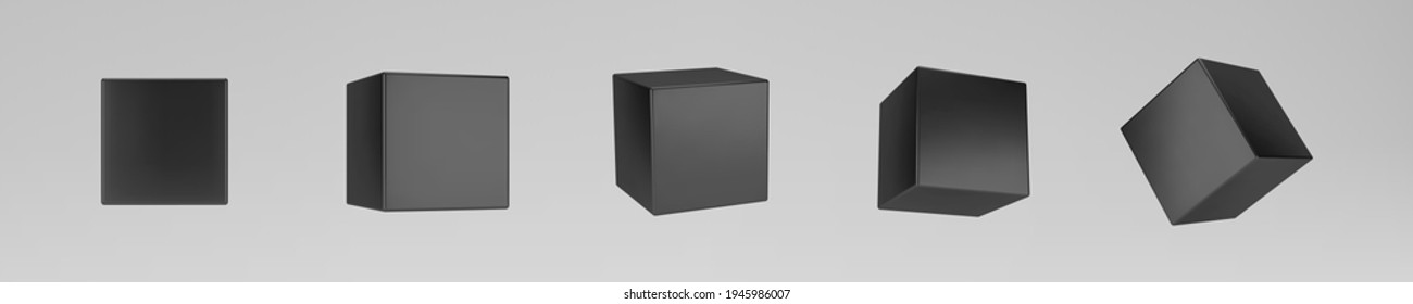 Black 3d modeling cubes set and perspective isolated grey background  Render rotating 3d box in perspective and lighting   shadow  3d basic geometric shape vector illustration