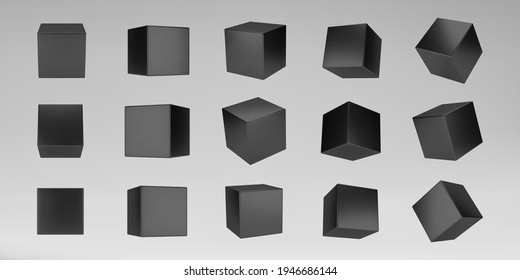 Black 3d modeling cubes set with perspective isolated on grey background. Render a rotating 3d box in perspective with lighting and shadow. 3d basic geometric shape vector illustration