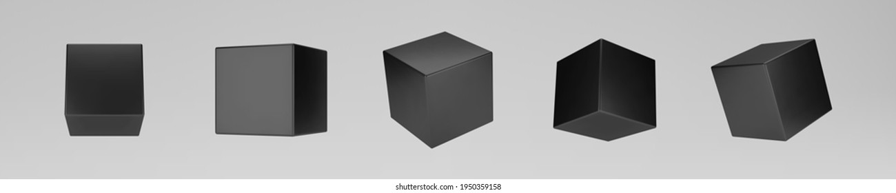 Black 3d modeling cubes set with perspective isolated on grey background. Render a rotating 3d box in perspective with lighting and shadow. 3d basic geometric shape vector illustration