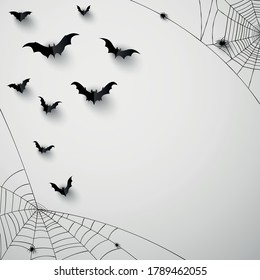 Black 3d paper bats. Spiderweb with spiders in corners. Light grey paper background. Vector illustration.