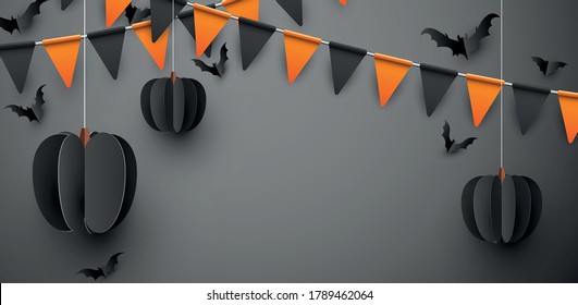 Black 3d paper pumpkins hanging on threads and bats on dark grey background. Black and orange flags garland. Vector festive illustration.