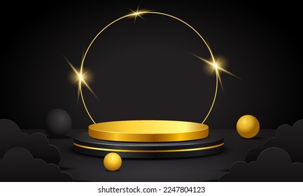 Black 3D Podium. Blank scene background with paper cut style. Blank podium, suitable for product presentation, mock up, show product, stage pedestal or platform. 3D Vector
