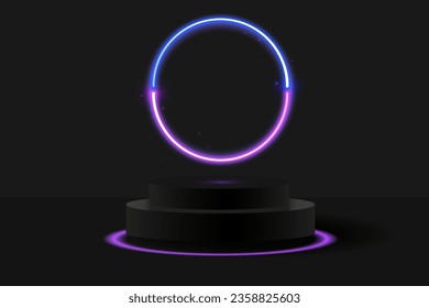  Black 3D podium with blue and purple glowing neon circle. Banner for demonstrating products, promotions, discounts, sales, black Friday. Mockup for a product. Banner with a neon scene.