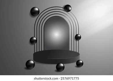 Black 3D podium with cylindrical shape with ball decoration, illuminated by soft light. Mockup display, or product display in an elegant and modern design.