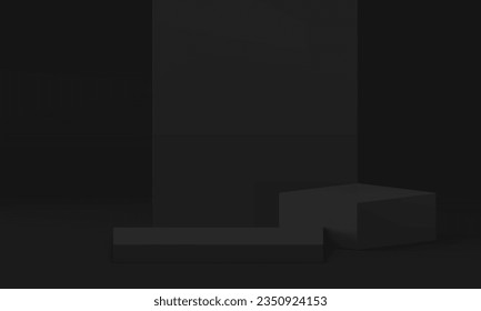 Black 3d podium fashion pedestal squared platform dark showroom display interior vector illustration. Realistic brutal showcase stand with wall backdrop for male product promo presentation show