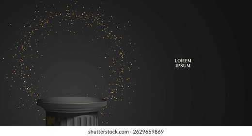 Pódio 3D preto na forma de uma coluna com pequenas partículas de ouro.