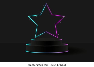 Black 3D podium with a multi-colored glowing neon star. Banner for demonstrating products, promotions, discounts, sales, Black Friday. Product mockup. Banner with neon scene.