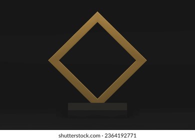 Black 3d podium pedestal with golden rhombus frame for luxury product presentation show vector illustration. Realistic advertising composition geometric platform elegant empty showroom display