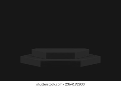 Black 3d podium pedestal step display for male product presentation realistic vector illustration. Trendy advertising display brutal dark showroom composition empty decorative element for promo show