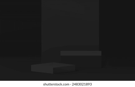 Black 3d podium promo showcase mock up for product presentation realistic vector illustration. Trendy display rendering banner with squared pedestal and wall background dark display show advertising