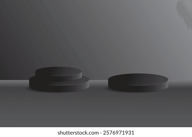 Black 3D podium with tiered cylindrical shape, illuminated by soft light. Mockup display, or product display in an elegant and modern design.