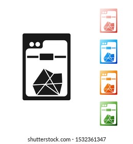 Black 3D printer icon isolated on white background. Set icons colorful. Vector Illustration