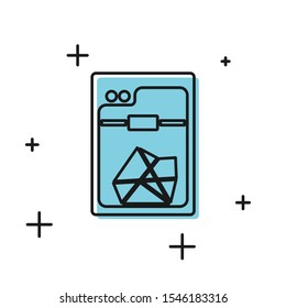 Black 3D printer icon isolated on white background.  Vector Illustration