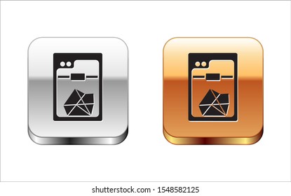 Black 3D printer icon isolated on white background. Silver-gold square button. Vector Illustration