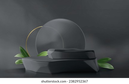 Black 3d product podium with glass and green leaf. Geometric rock platform with smoke and wall for natural goods display. Realistic vector mockup of dark pedestal for cosmetic and beauty presentation.