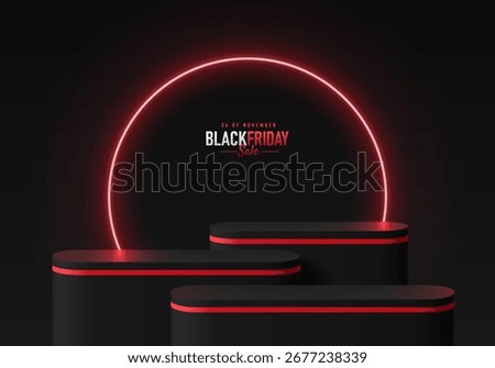 Black 3D round product podium background with red neon lighting in black Friday theme. Abstract composition minimalist design. Studio display showroom product pedestal, Fashion stage showcase mockup.
