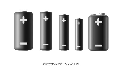 Black 3d set of batteries of different sizes with a plus and minus sign. A modern look for the design and branding on a white background. Vector illustration EPS 10
