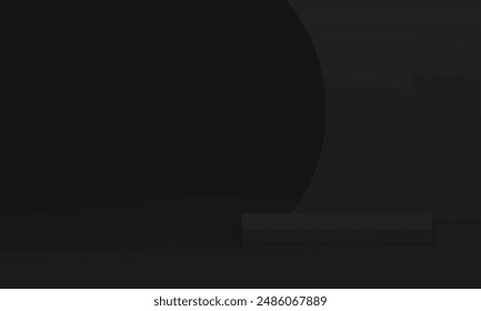 Black 3d showroom space interior with podium and curved wall background realistic vector illustration. Trendy dark advertising showcase squared platform pedestal mock up for product show presentation