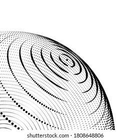 Black 3D sphere with dotted texture on white background. Design element. Sphere particles. Big data. Abstract vector illustration.