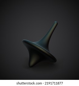 Black 3D spinning top on dark background. Concept of endless movement, abstract visualization of chaos and balance. Golden rotating whirligig toy, EPS 10, vector illustration.