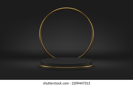 Black 3d stage circle foundation fashion advertising podium product presentation studio background realistic vector illustration. Luxury pedestal award arena show exhibition round basic display design