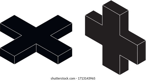 Icono de cruz vectorial 3D negro, logotipo, ilustración