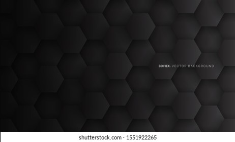 Black 3D Vector Hexagon Pattern Technology Abstract Background. Sci-Fi Tech Hexagonal Blocks Structure Conceptual Dark Gray Wallpaper. Clear Blank Subtle Textured Banner Backdrop