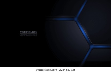 Fondo abstracto de tecnología hexagonal vectorial 3D negro. Resumen de la tecnología moderna de fondo futurista con formas negras de panal en 3D y destellos azules bajo hexágono. Ilustración del vector