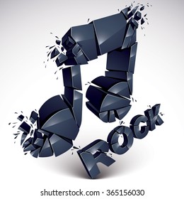 Black 3d vector musical note broken into pieces, explosion effect. Monochrome dimensional art melody symbol, rock music theme.